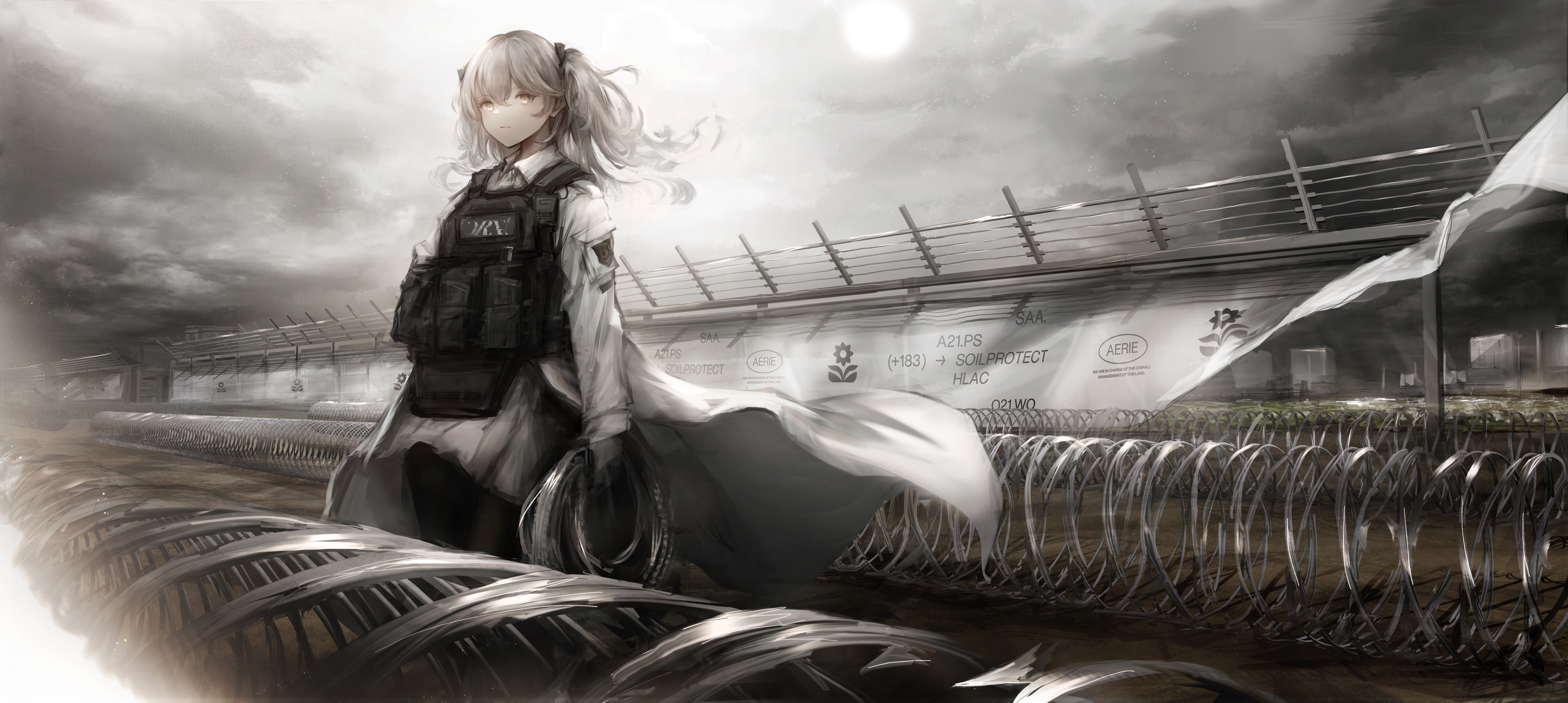 lliftt, original, absurdres, commentary request, highres, translation request, 1girl, barbed wire, black pantyhose, black ribbon, closed mouth, day, expressionless, feet out of frame, grey hair, grey skirt, hair ribbon, jacket, load bearing vest, long sleeves, medium hair, miniskirt, outdoors, pantyhose, ribbon, scenery, skirt, solo, standing, twintails, white jacket, yellow eyes
