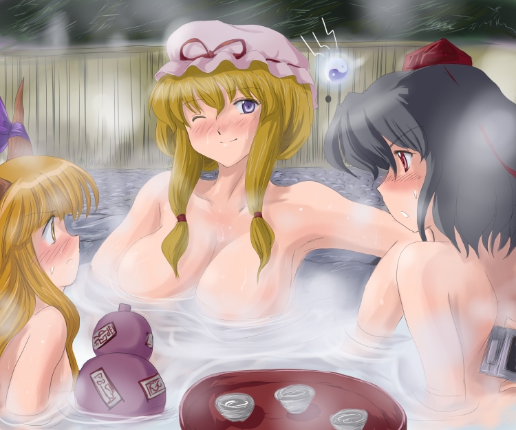 flx, ibuki suika, shameimaru aya, yakumo yukari, touhou, 3girls, alcohol, black hair, blonde hair, blush, breast envy, breasts, brown eyes, brown hair, camera, female focus, floating breasts, hat, horn ornament, horn ribbon, horns, large breasts, looking at breasts, multiple girls, nude, one eye closed, onsen, purple eyes, red eyes, ribbon, sake, same-sex bathing, shared bathing, short hair, tokin hat, wink