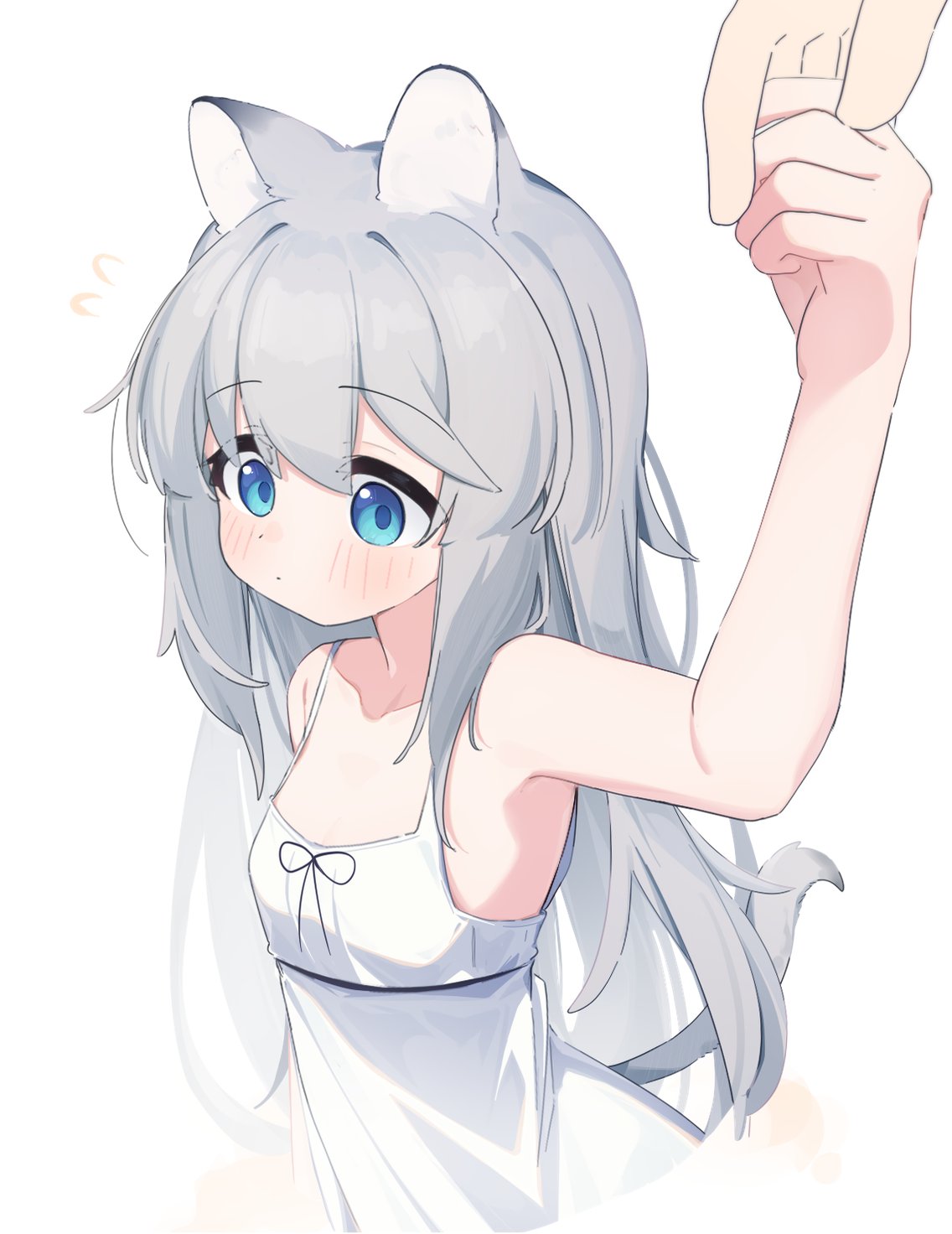 riya (01214), original, commentary request, highres, 1girl, animal ear fluff, animal ears, bare arms, bare shoulders, blue eyes, blush, breasts, closed mouth, dress, finger grab, flying sweatdrops, grey hair, hair between eyes, long hair, simple background, sleeveless, sleeveless dress, small breasts, solo focus, sundress, tail, very long hair, white background, white dress