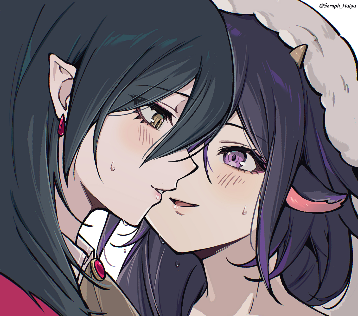 ewa (seraphhuiyu), oma kokichi, saihara shuichi, danganronpa (series), danganronpa v3: killing harmony, commentary request, highres, 2girls, animal ears, black hair, blush, close-up, earrings, eyelashes, flipped hair, genderswap, genderswap (mtf), hair between eyes, hair over shoulder, hood, hood up, horns, imminent kiss, jewelry, long hair, multiple girls, parted lips, pink lips, pointy ears, portrait, profile, purple eyes, purple hair, sheep ears, sheep horns, slit pupils, smile, sweat, twitter username, white background, yellow eyes, yuri