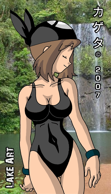 kageta, lake art, haruka (pokemon), pokemon, closed eyes, jungle, nature, swimsuit, water, waterfall