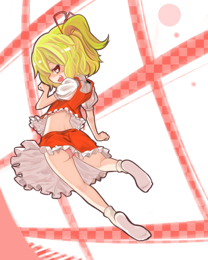 e.x.on, flandre scarlet, touhou, bad id, bad pixiv id, 1girl, blonde hair, blouse, fang, feet, female focus, frilled vest, frills, full body, heart, heart-shaped pupils, panties, ponytail, red eyes, shirt, short hair, side ponytail, skirt, socks, solo, symbol-shaped pupils, underwear, vest, white background, white shirt