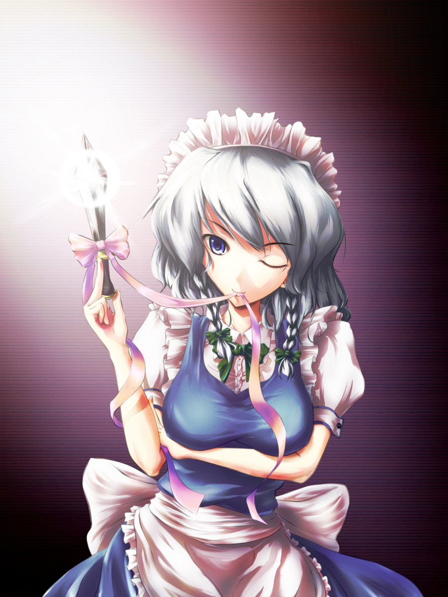 byakusouya, izayoi sakuya, touhou, silver hair, highres, 1girl, blue eyes, braid, breasts, female focus, gradient background, hairband, knife, maid, ribbon, short hair, solo, throwing knife, twin braids, weapon, white background