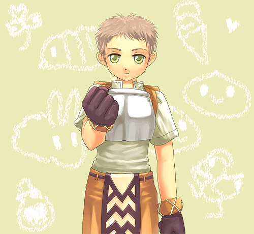 novice (ragnarok online), ragnarok online, commentary request, lowres, 1boy, armor, breastplate, brown gloves, brown hair, brown shorts, child's drawing, clenched hand, closed mouth, cowboy shot, dated commentary, expressionless, gloves, green background, green eyes, grey shirt, looking at viewer, male focus, oomojiya, shirt, short bangs, short hair, shorts, solo