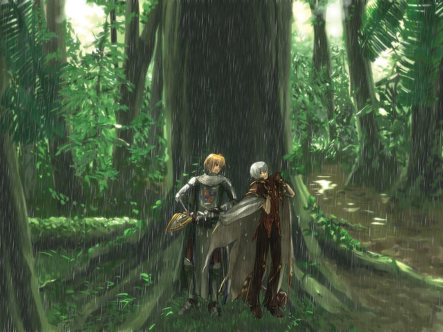 knight (ragnarok online), wizard (ragnarok online), ragnarok online, commentary request, 2boys, armor, armored boots, blonde hair, boots, brown gloves, brown pants, brown shoes, cape, chainmail, dated commentary, emblem, forest, full body, gloves, grass, grey cape, grey hair, looking at another, male focus, multiple boys, nature, oomojiya, outdoors, pants, path, pauldrons, rain, red shirt, road, shirt, shoes, short hair, shoulder armor, standing, tabard, tree, white cape, white tabard