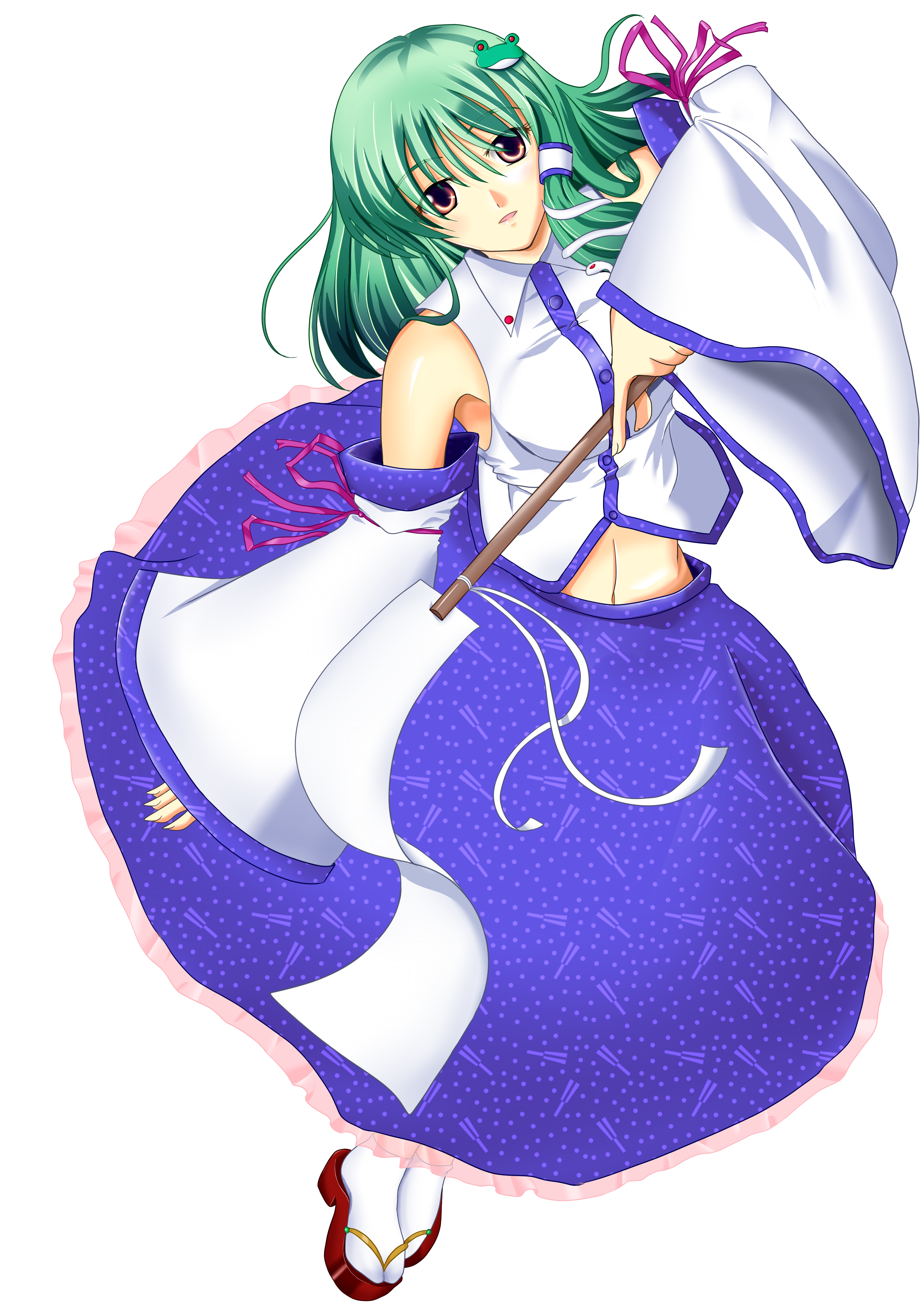 fule, kochiya sanae, touhou, absurdres, bad id, bad pixiv id, highres, 1girl, clog sandals, detached sleeves, female focus, frog, full body, gohei, green hair, hair ornament, long hair, okobo, oonusa, platform sandals, sandals, snake, solo, transparent background, yellow eyes