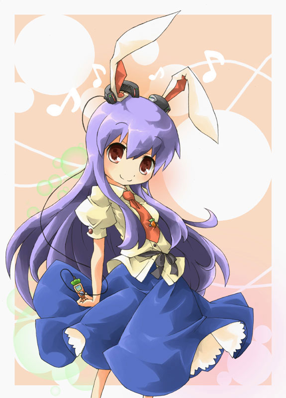 ara ta, harada (sansei rain), reisen udongein inaba, touhou, bad id, bad pixiv id, 1girl, animal ears, earphones, female focus, long hair, mp3 player, necktie, purple hair, rabbit ears, red eyes, skirt, solo