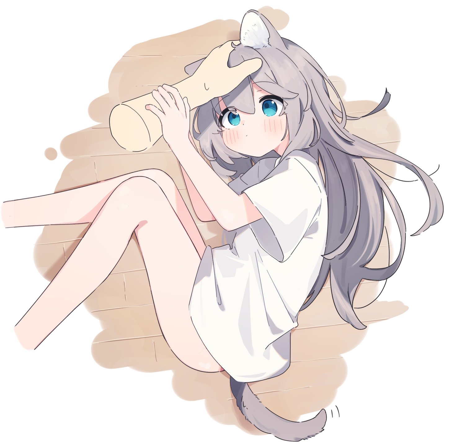 riya (01214), original, commentary request, highres, 1girl, 1other, animal ear fluff, animal ears, ass, bare legs, blue eyes, blush, closed mouth, disembodied hand, feet out of frame, grey hair, hair between eyes, headpat, knees together feet apart, long hair, lying, on floor, on side, shirt, short sleeves, small sweatdrop, solo focus, sweat, tail, very long hair, white shirt, wooden floor