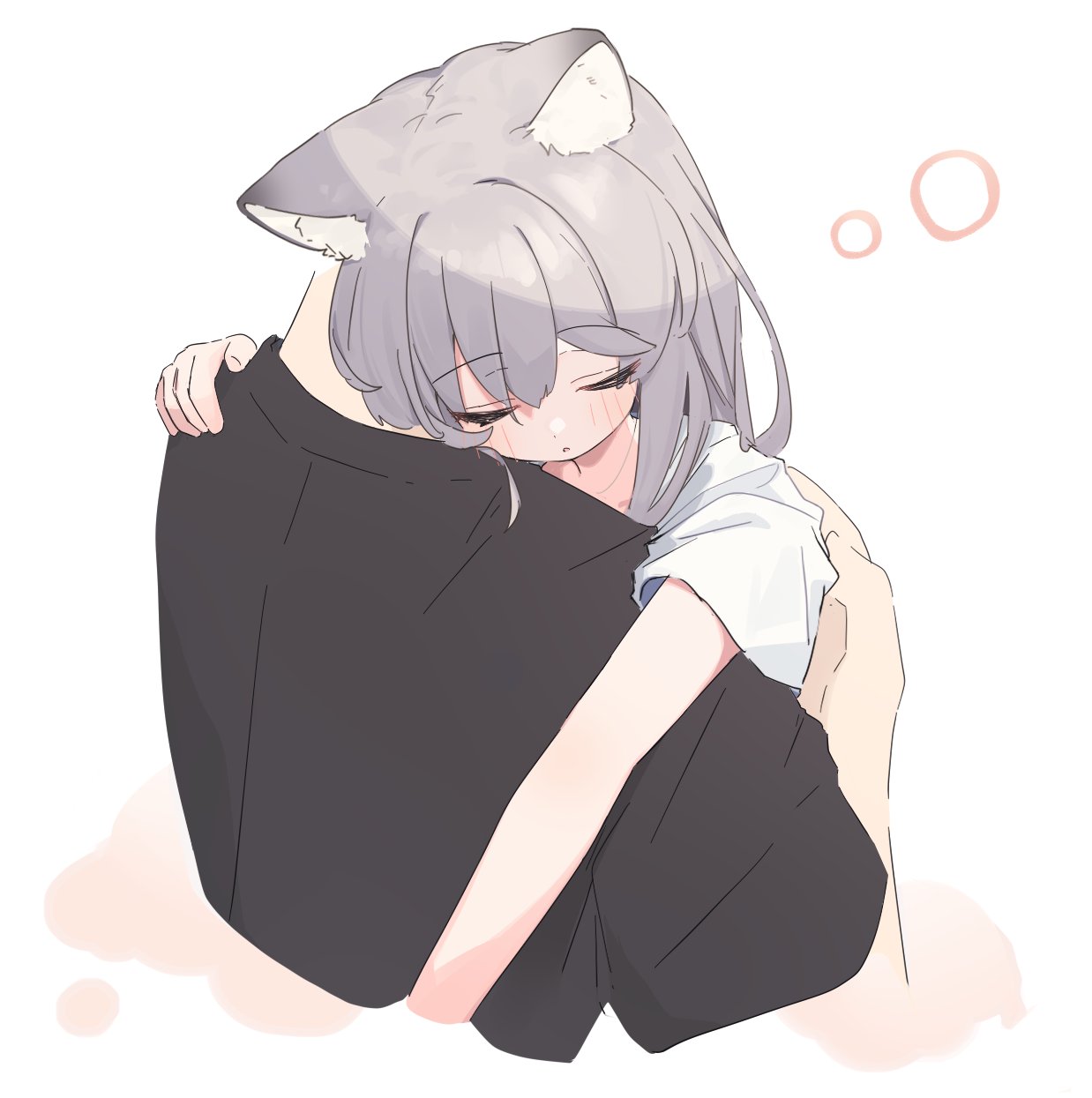 riya (01214), original, commentary request, highres, 1girl, 1other, :o, animal ears, black shirt, blush, carrying, carrying person, closed eyes, cropped torso, grey hair, long hair, parted lips, shirt, short sleeves, solo focus, upper body, white background, white shirt