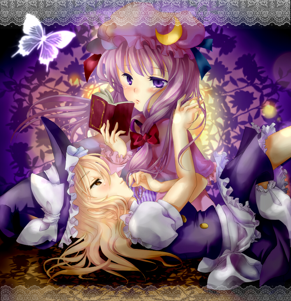 kirisame marisa, mikazuki tenma, patchouli knowledge, touhou, bad id, bad pixiv id, 2girls, blonde hair, book, braid, female focus, hat, long hair, multiple girls, purple eyes, purple hair, short hair, witch, witch hat, yellow eyes