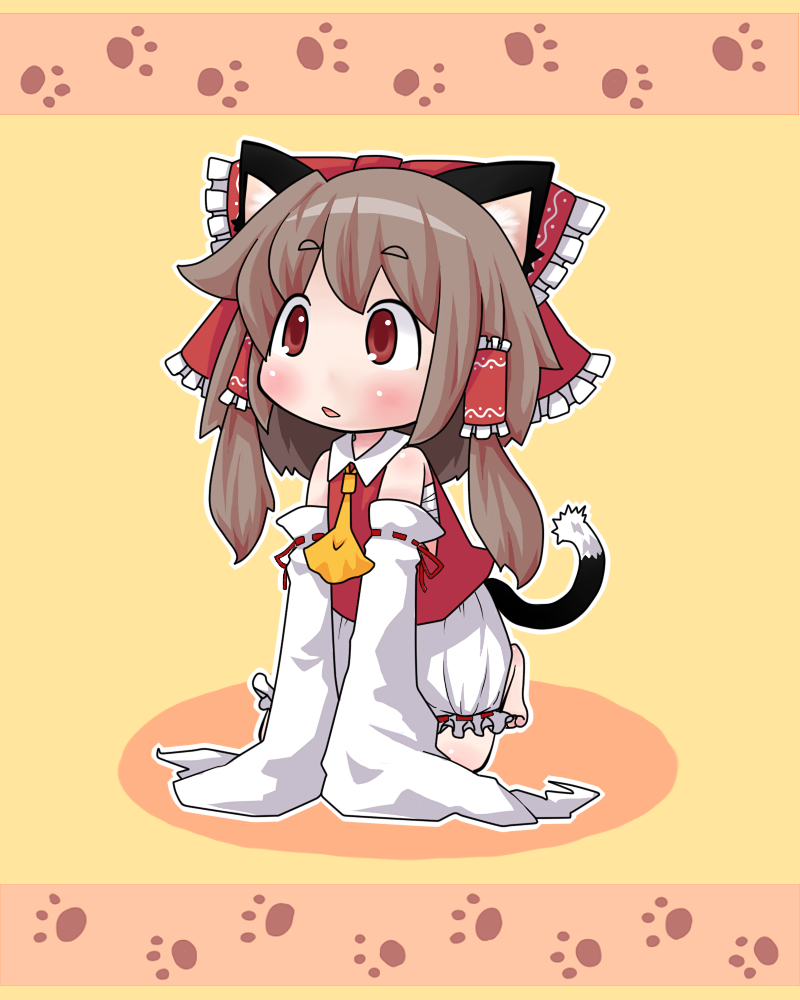 koori rei yakko, hakurei reimu, touhou, bad id, bad pixiv id, 1girl, animal ears, barefoot, bloomers, bow, brown hair, cat ears, cat girl, cat tail, chibi, detached sleeves, female focus, full body, japanese clothes, kemonomimi mode, miko, red eyes, short hair, solo, tail, underwear