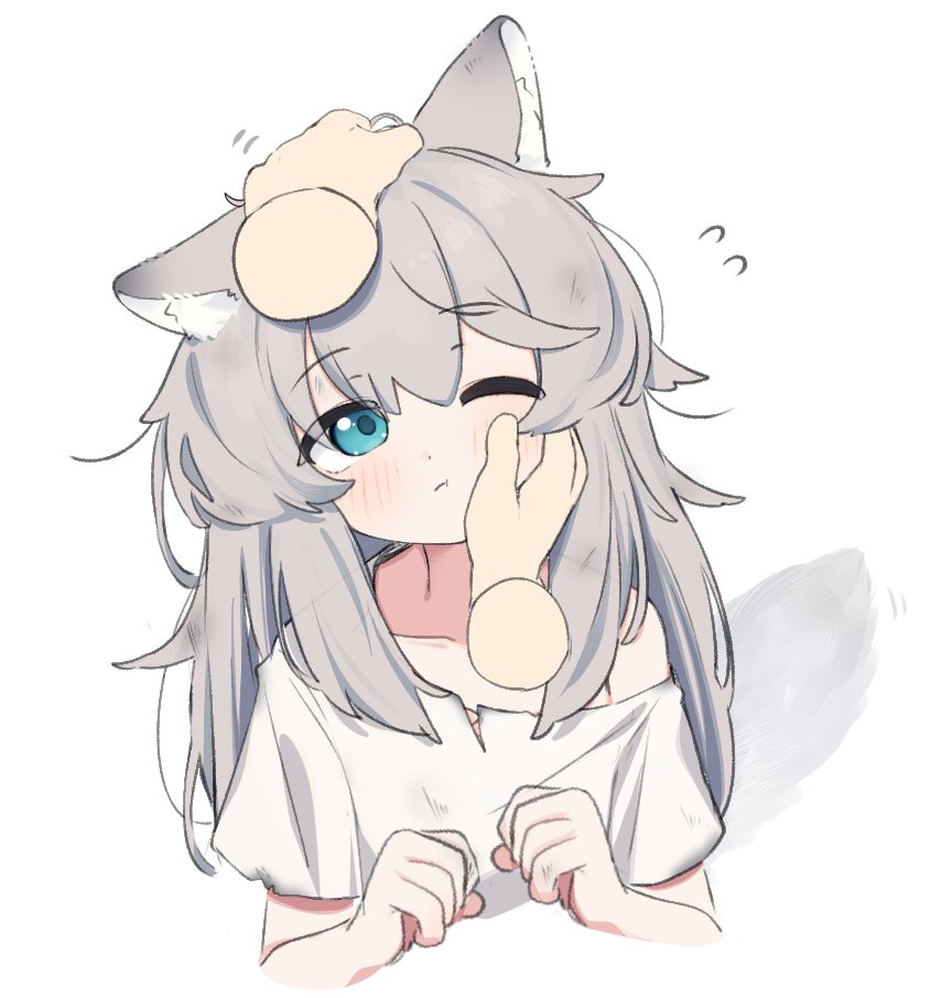 riya (01214), original, commentary request, 1girl, ;t, animal ear fluff, animal ears, blue eyes, blush, closed mouth, collarbone, dirty, dirty clothes, disembodied hand, flying sweatdrops, grey hair, hair between eyes, hand on another's face, hand on another's head, head tilt, long hair, looking at viewer, motion lines, off shoulder, one eye closed, shirt, short sleeves, solo focus, white shirt