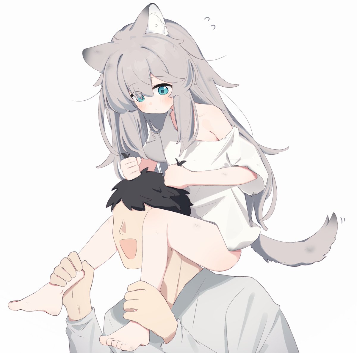 riya (01214), original, commentary request, 1boy, 1girl, :d, animal ear fluff, animal ears, bare shoulders, black hair, blue eyes, carrying, collarbone, eyes visible through hair, faceless, faceless male, flying sweatdrops, grabbing another's hair, grey background, grey hair, grey shirt, hair over one eye, holding another's hair, long hair, motion lines, off shoulder, open mouth, shirt, short sleeves, shoulder carry, simple background, smile, tail, very long hair, white shirt