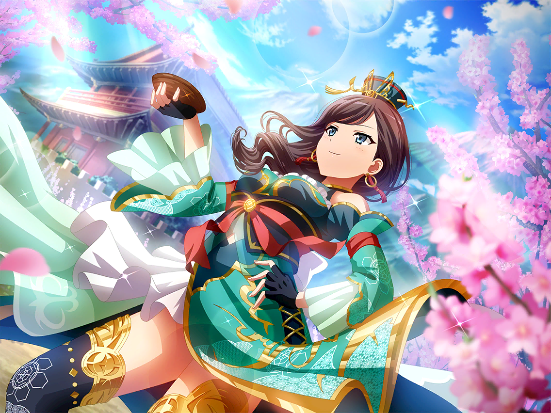 liu bei, yanagi koharu, romance of the three kingdoms, shoujo kageki revue starlight, shoujo kageki revue starlight -re live-, game cg, official art, 1girl, architecture, black gloves, blue eyes, blurry, blurry foreground, brown hair, cherry blossoms, closed mouth, cosplay, dress, earrings, east asian architecture, fingerless gloves, gloves, green dress, grey hat, hand on own hip, hat, holding, jewelry, liu bei (cosplay), long sleeves, medium hair, solo, standing, upper body