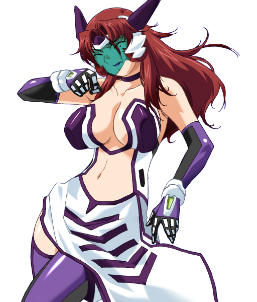 gan-chan (artist), hitozuma sentai aisaiger, game cg, large variant set, non-web source, official art, variant set, 1girl, akanejima ranga, bare shoulders, breasts, brown hair, center opening, choker, cleavage, closed eyes, dress, elbow gloves, face shield, gloves, headgear, large breasts, lipstick, long hair, magical girl, makeup, midriff, navel, purple thighhighs, red hair, saiger orchid, solo, thighhighs, transparent background