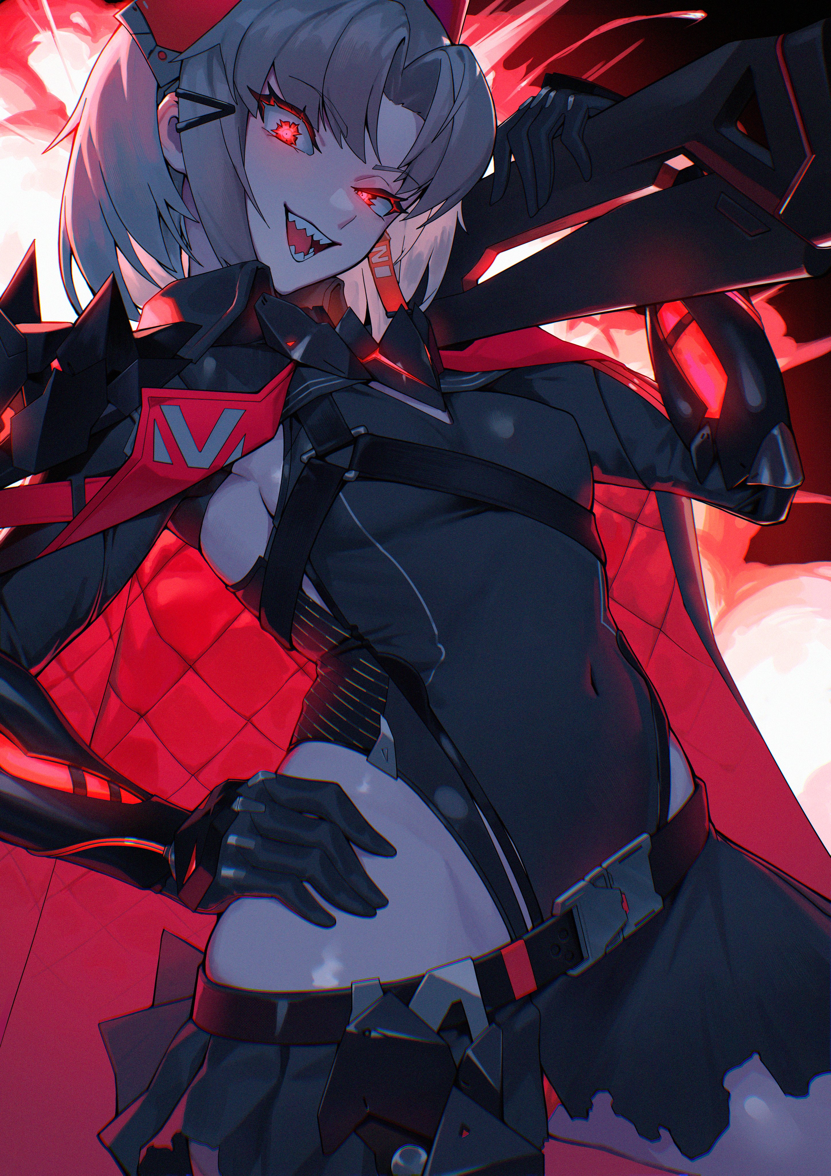 kimkichun, drake (nikke), goddess of victory: nikke, absurdres, commentary, highres, 1girl, belt, black belt, black cape, black gloves, black leotard, black skirt, breasts, buckle, cape, covered navel, cowboy shot, elbow gloves, gloves, groin, gun, hair ornament, hand on own hip, headgear, highleg, highleg leotard, holding, holding gun, holding weapon, leotard, looking at viewer, medium breasts, official alternate costume, open mouth, over shoulder, parted bangs, red eyes, sharp teeth, short hair, shotgun, sidelocks, skirt, smile, snap-fit buckle, solo, standing, teeth, weapon, weapon over shoulder, white hair