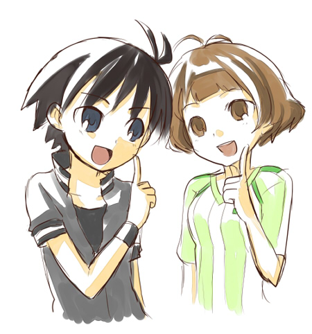 kiyoshi saya, akizuki ryo, kikuchi makoto, idolmaster, idolmaster (classic), idolmaster dearly stars, bad id, bad pixiv id, gender request, lowres, 00s, androgynous, antenna hair, black hair, blue eyes, brown eyes, brown hair, crossdressing, reverse trap, short hair, trap