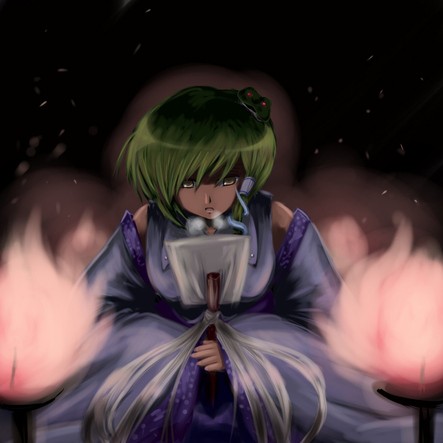 flx, kochiya sanae, touhou, 1girl, detached sleeves, female focus, frog, green hair, hair ornament, japanese clothes, miko, snake, solo, yellow eyes