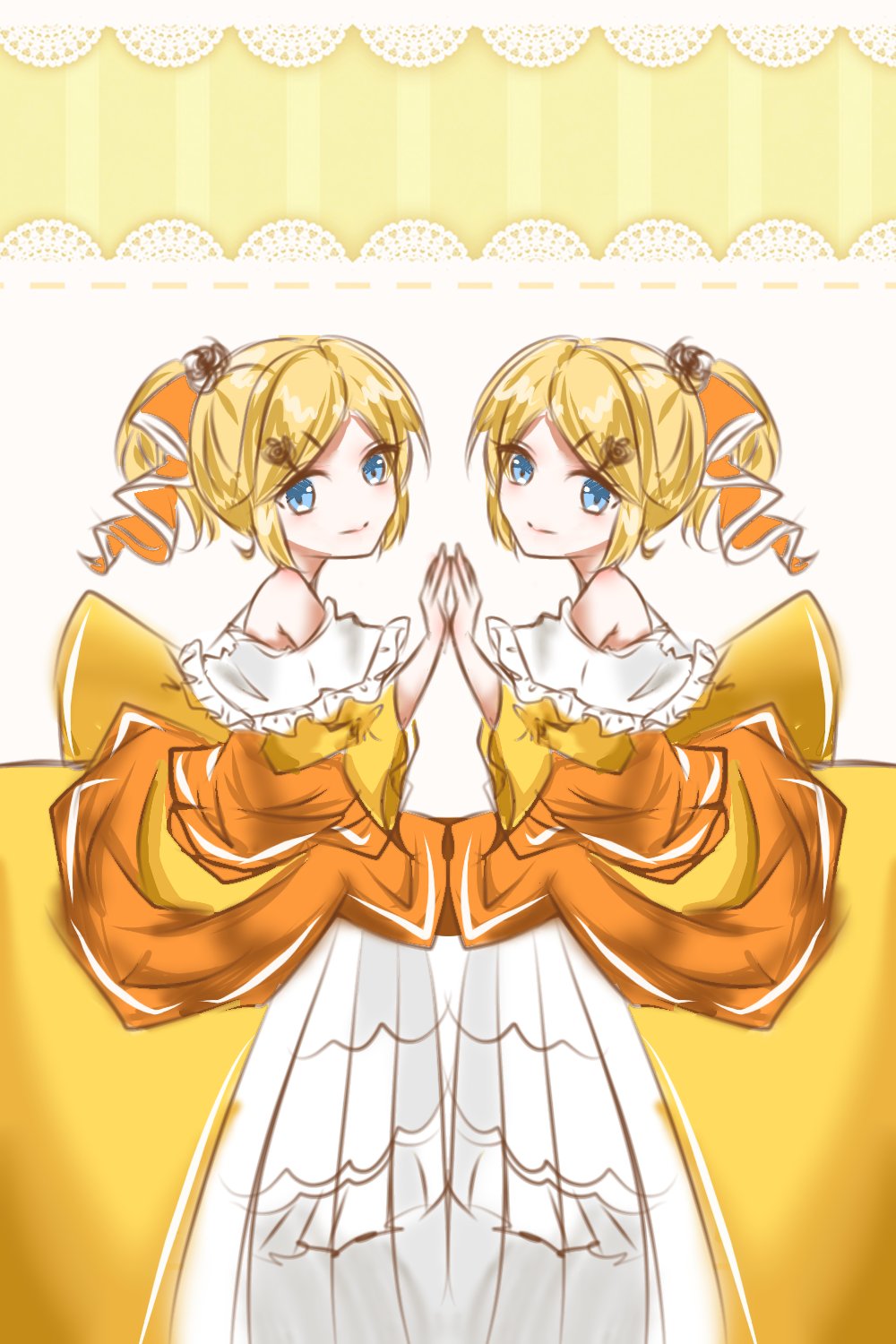kagamine rin, riliane lucifen d'autriche, aku no musume (vocaloid), evillious nendaiki, vocaloid, commentary request, highres, 2girls, blonde hair, blue eyes, bow, dress, dress ribbon, dual persona, eyelashes, hair bow, hair ornament, hairclip, high ponytail, looking at viewer, mo8333884083337, multiple girls, off-shoulder dress, off shoulder, orange bow, orange ribbon, petticoat, ponytail, ribbon, sidelocks, smile, swept bangs, updo, wide sleeves, yellow dress