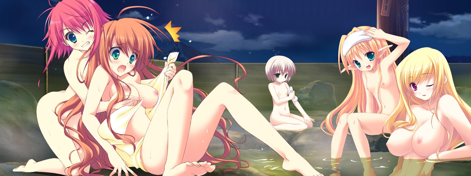 ayase hazuki, kokonoka, ryouka (suzuya), sasorigatame, carol miruto, furansowa kurea ashesu, kamizuru onpu, lilian tsukikage, mitsurugi asuka, wizard girl ambitious, game cg, highres, long image, wide image, 10s, 5girls, age difference, ahoge, aqua eyes, ass, barefoot, bath, blonde hair, blue eyes, breasts, clenched teeth, elf, feet, flat chest, grabbing another's breast, green eyes, groping, kneeling, large breasts, loli, long hair, multiple girls, night, nipples, nude, one eye closed, onsen, orange hair, outdoors, pink hair, pointy ears, red eyes, red hair, short hair, sitting, sky, soles, steam, surprised, teeth, toes, towel, very long hair, wading, water, white hair, wink, yuri