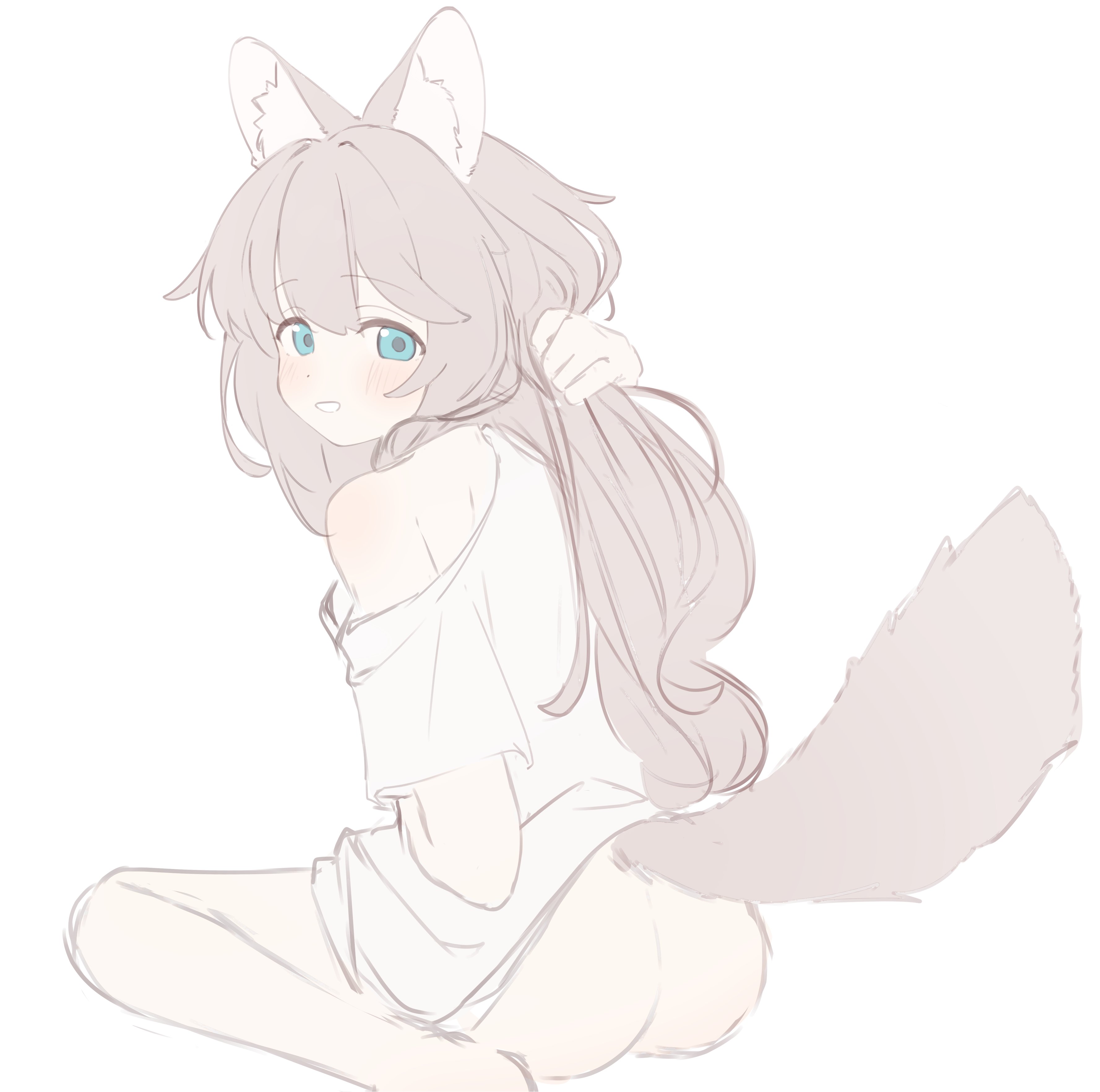 riya (01214), original, absurdres, commentary request, highres, 1girl, animal ear fluff, animal ears, ass, bare shoulders, blue eyes, from behind, grey hair, long hair, looking at viewer, looking back, no panties, off shoulder, shirt, short sleeves, simple background, sitting, solo, tail, very long hair, wariza, white background, white shirt