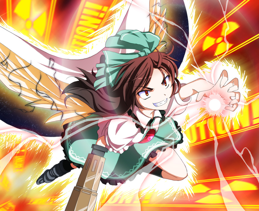 tri, reiuji utsuho, touhou, 1girl, black hair, bow, female focus, full body, long hair, red eyes, skirt, solo, wings