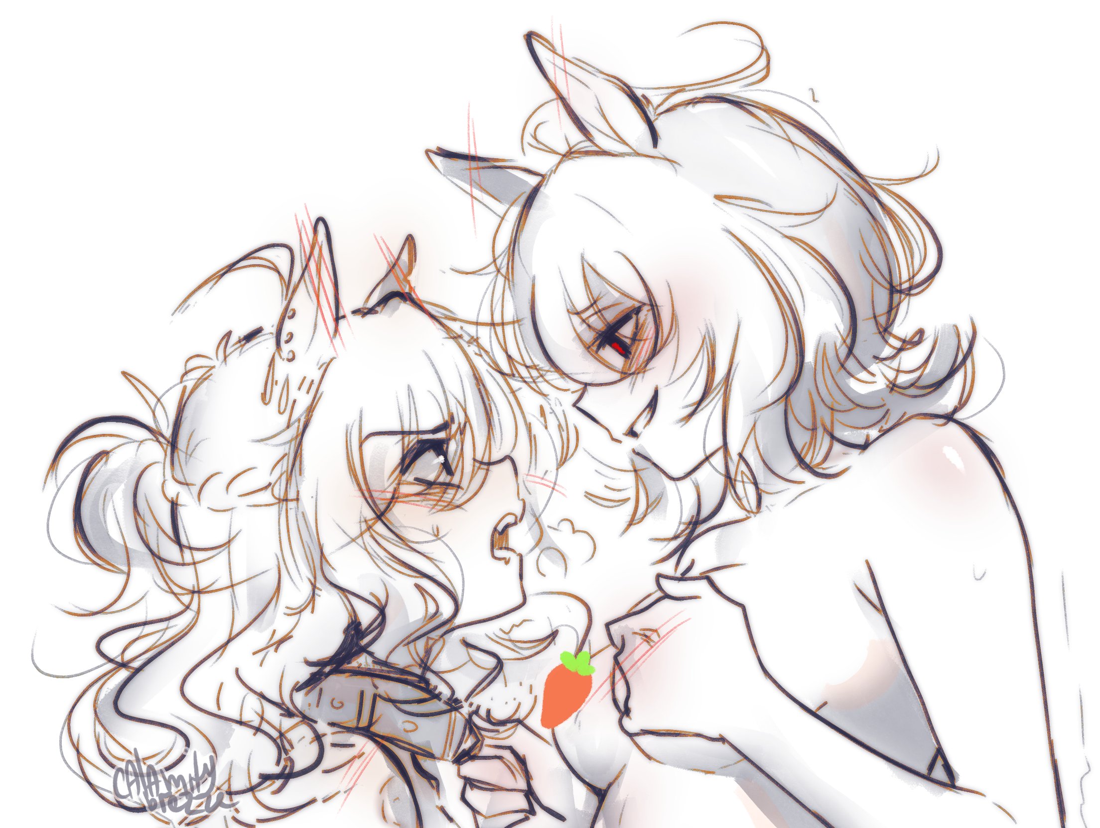 calamity brezze, agnes tachyon (umamusume), jungle pocket (umamusume), umamusume, 2girls, animal ears, collar, hand on own chest, heavy breathing, horse ears, monochrome, multiple girls, sketch, topless female, yuri