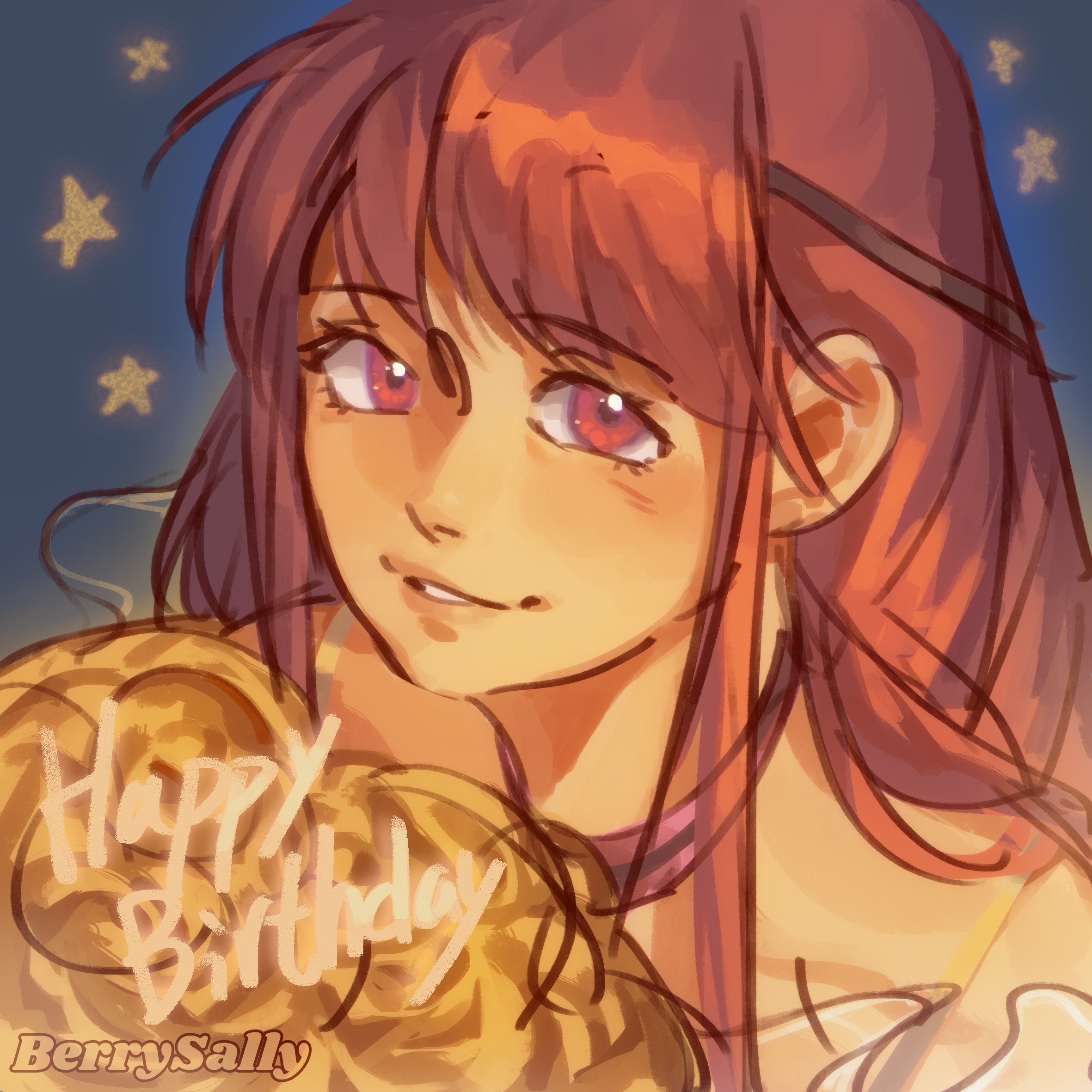 berrysally, nikki (nikki), perfect start (infinity nikki), infinity nikki, nikki (series), chinese commentary, commentary request, highres, 1girl, artist name, black ribbon, blue background, bra strap, choker, collarbone, english text, eyelashes, frilled shirt collar, frills, hair ribbon, happy, happy birthday, light blush, lips, long hair, long sidelocks, low twintails, nostrils, off-shoulder shirt, off shoulder, parted lips, pink choker, pink eyes, pink hair, ribbon, shirt, sidelocks, single stripe, sketch, smile, solo, star (symbol), star symbol background, striped choker, tress ribbon, twintails, upper body, white shirt