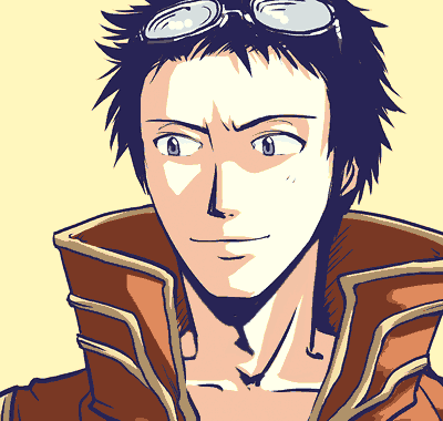 priest (ragnarok online), ragnarok online, commentary request, lowres, 1boy, black hair, closed mouth, coat, dated commentary, eyewear on head, glasses, grey eyes, looking afar, male focus, oomojiya, orange coat, portrait, short bangs, short hair, simple background, smile, solo, yellow background