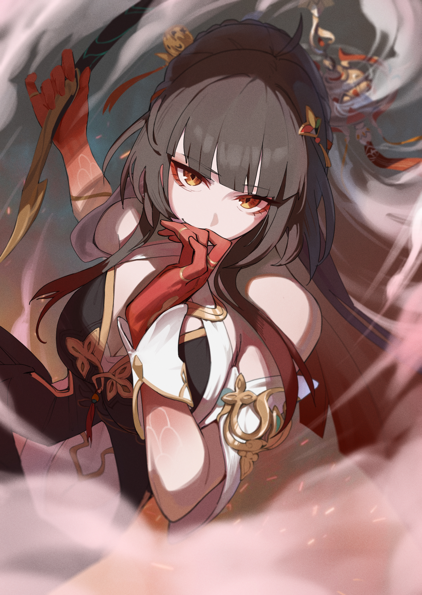 lempika, lingsha (honkai: star rail), honkai: star rail, honkai (series), commentary request, highres, 1girl, ahoge, bare shoulders, blunt bangs, breasts, brown hair, chinese clothes, colored skin, criss-cross halter, crops, diamond-shaped pupils, diamond (shape), hair ornament, halterneck, large breasts, long hair, red eyes, red skin, scales, sidelocks, sleeveless, smoke, symbol-shaped pupils, very long hair, wrist cuffs