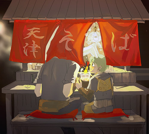 blacksmith (ragnarok online), hunter (ragnarok online), ragnarok online, commentary request, lowres, animal ears, backpack, bag, bench, dated commentary, fake animal ears, feet out of frame, food stand, from behind, green hair, grey pants, grey shirt, light bulb, looking at another, male focus, oomojiya, outdoors, pants, pillow, rabbit ears, shirt, short hair, sitting, steam, yatai