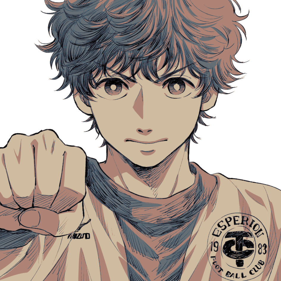 ika choco, aoi ashito, ao ashi, commentary request, 1boy, clenched hand, closed mouth, looking at viewer, male focus, portrait, sepia, short hair, simple background, soccer uniform, solo, sportswear, white background