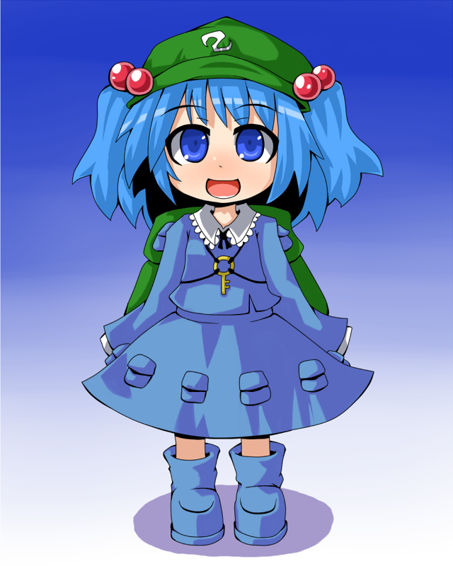 koori rei yakko, kawashiro nitori, touhou, bad id, bad pixiv id, 1girl, backpack, bag, blue eyes, blue hair, boots, chibi, female focus, full body, gradient background, hair bobbles, hair ornament, hat, key, matching hair/eyes, randoseru, short hair, skirt, solo, twintails, two side up, white background