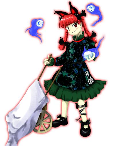 zun (artist), kaenbyou rin, subterranean animism, touhou, official art, 1girl, animal ears, blush, cart, cat ears, cat girl, dress, extra ears, female focus, full body, hair ribbon, mary janes, pointy ears, red eyes, red hair, ribbon, shoes, skull, smile, solo, transparent background, wheelbarrow