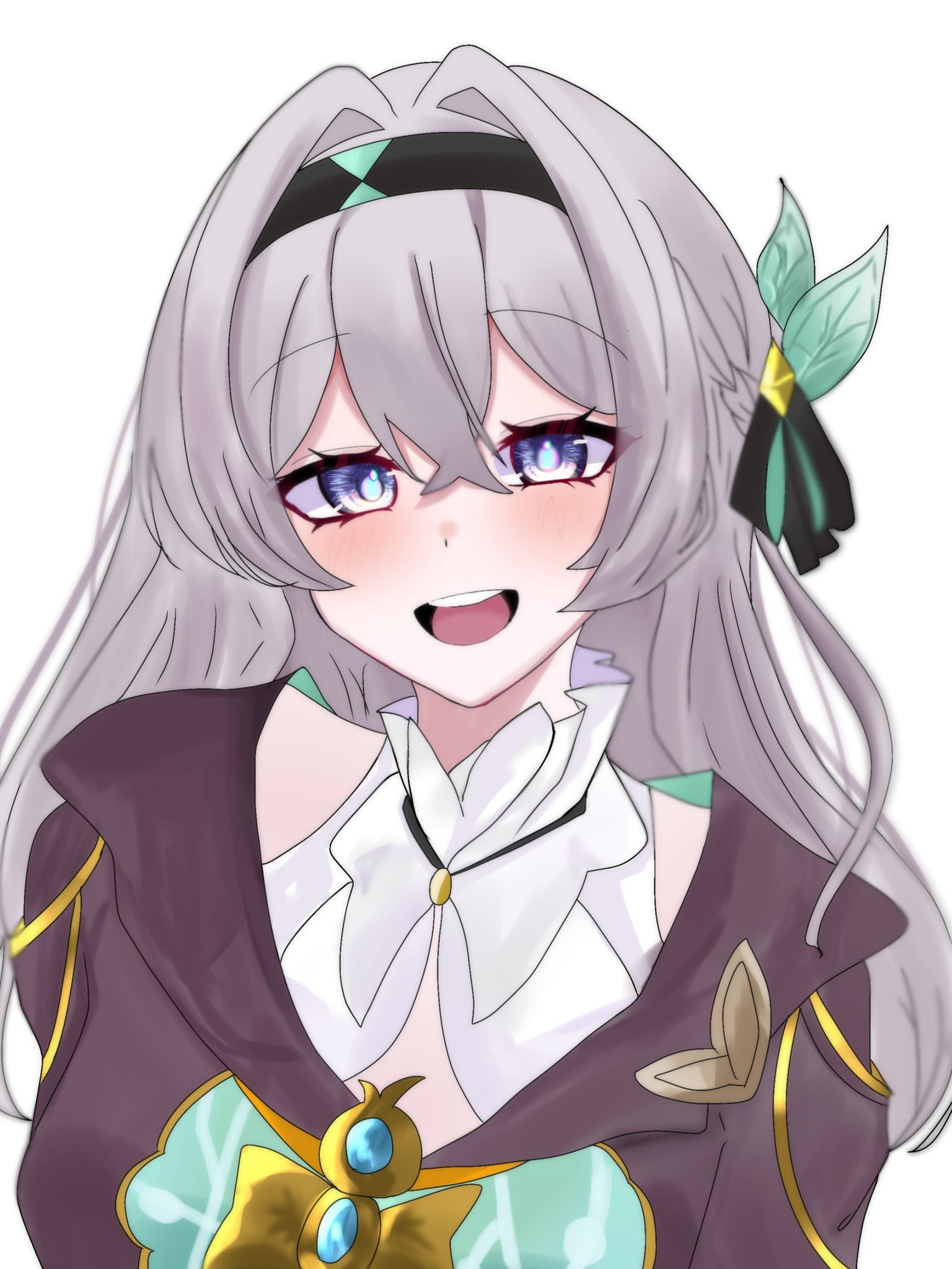 firefly (honkai: star rail), honkai: star rail, honkai (series), commentary request, highres, 1girl, black hairband, black ribbon, blush, brown jacket, collared shirt, green pupils, grey hair, hair between eyes, hair intakes, hair ornament, hair ribbon, hairband, jacket, long hair, multicolored eyes, nana t10, open mouth, ribbon, shirt, simple background, smile, solo, teeth, upper teeth only, white background, white shirt