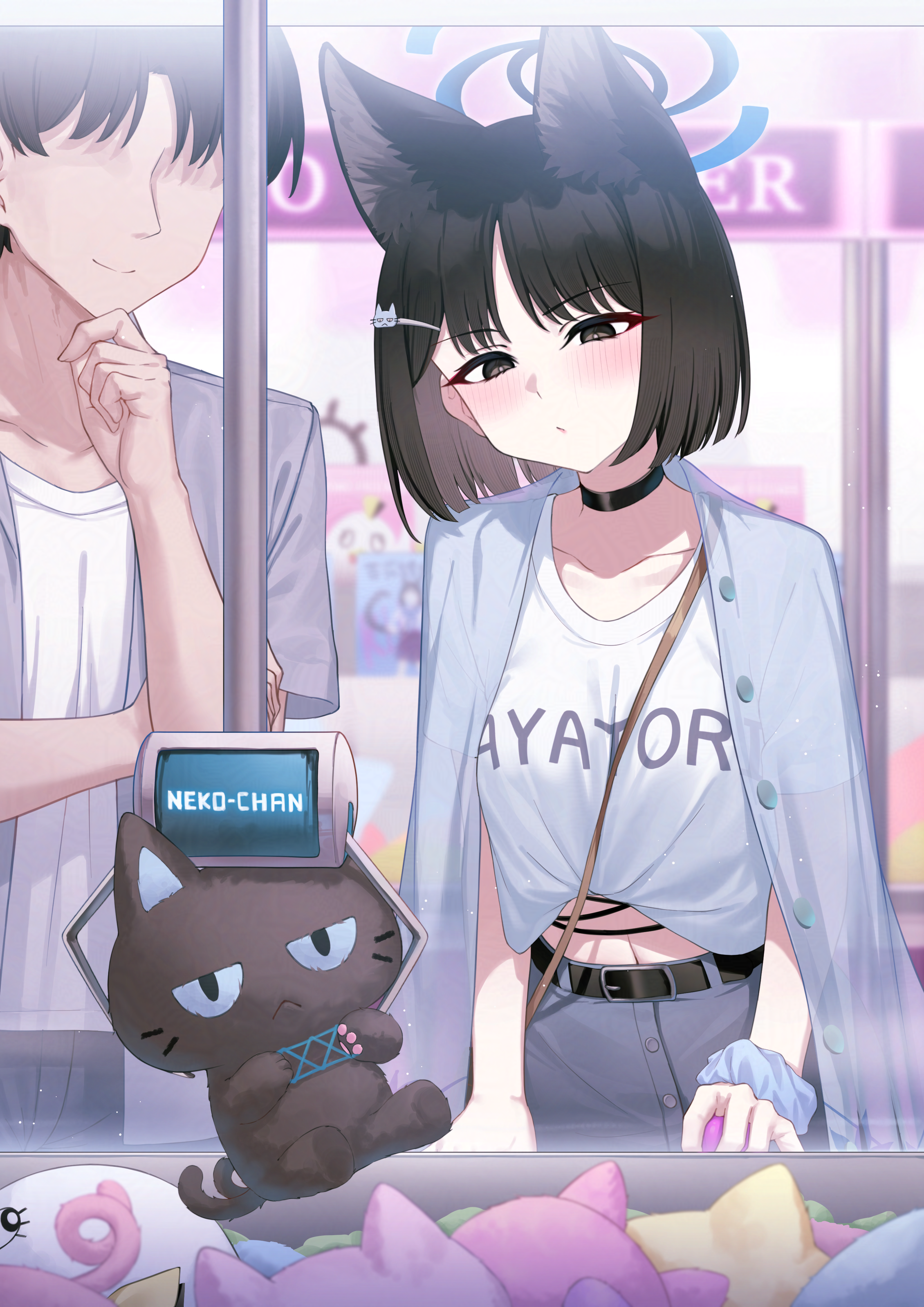 pizza (pizzania company), kikyou (blue archive), sensei (blue archive), blue archive, absurdres, commentary request, highres, 1boy, 1girl, alternate costume, animal ear fluff, animal ears, between breasts, black choker, black eyes, black hair, black pants, blue halo, blue scrunchie, breasts, casual, cat ears, cat girl, cat tail, choker, closed mouth, crane game, extra ears, grey shirt, halo, no eyes, pants, parted bangs, scrunchie, shirt, short hair, smile, strap between breasts, stuffed animal, stuffed toy, t-shirt, tail, white shirt, wrist scrunchie