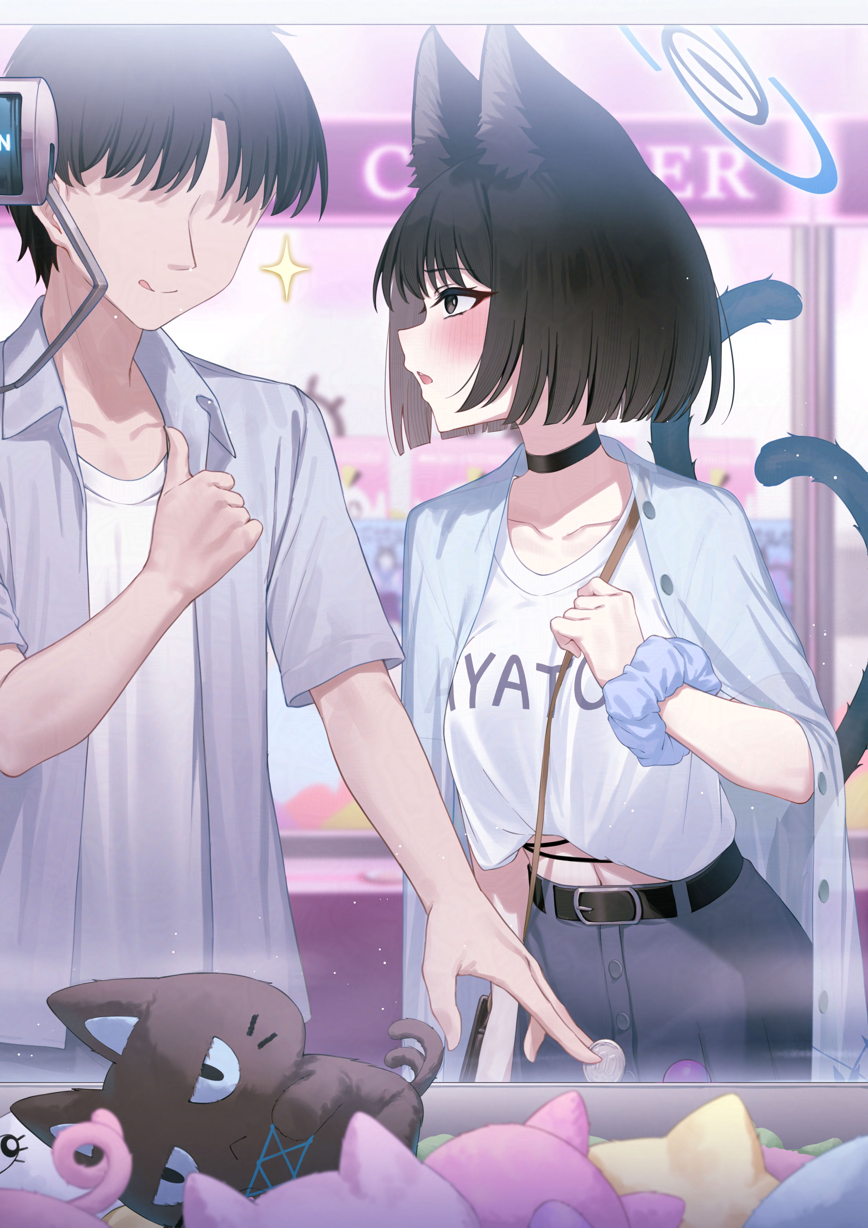 pizza (pizzania company), kikyou (blue archive), sensei (blue archive), blue archive, absurdres, commentary request, highres, 1boy, 1girl, alternate costume, animal ear fluff, animal ears, between breasts, black choker, black eyes, black hair, black pants, blue halo, blue scrunchie, breasts, casual, cat ears, cat girl, cat tail, choker, clenched hand, closed mouth, crane game, extra ears, grey shirt, halo, looking at another, multiple tails, no eyes, open mouth, pants, parted bangs, scrunchie, shirt, short hair, smile, strap between breasts, stuffed animal, stuffed toy, t-shirt, tail, tongue, tongue out, two tails, white shirt, wrist scrunchie