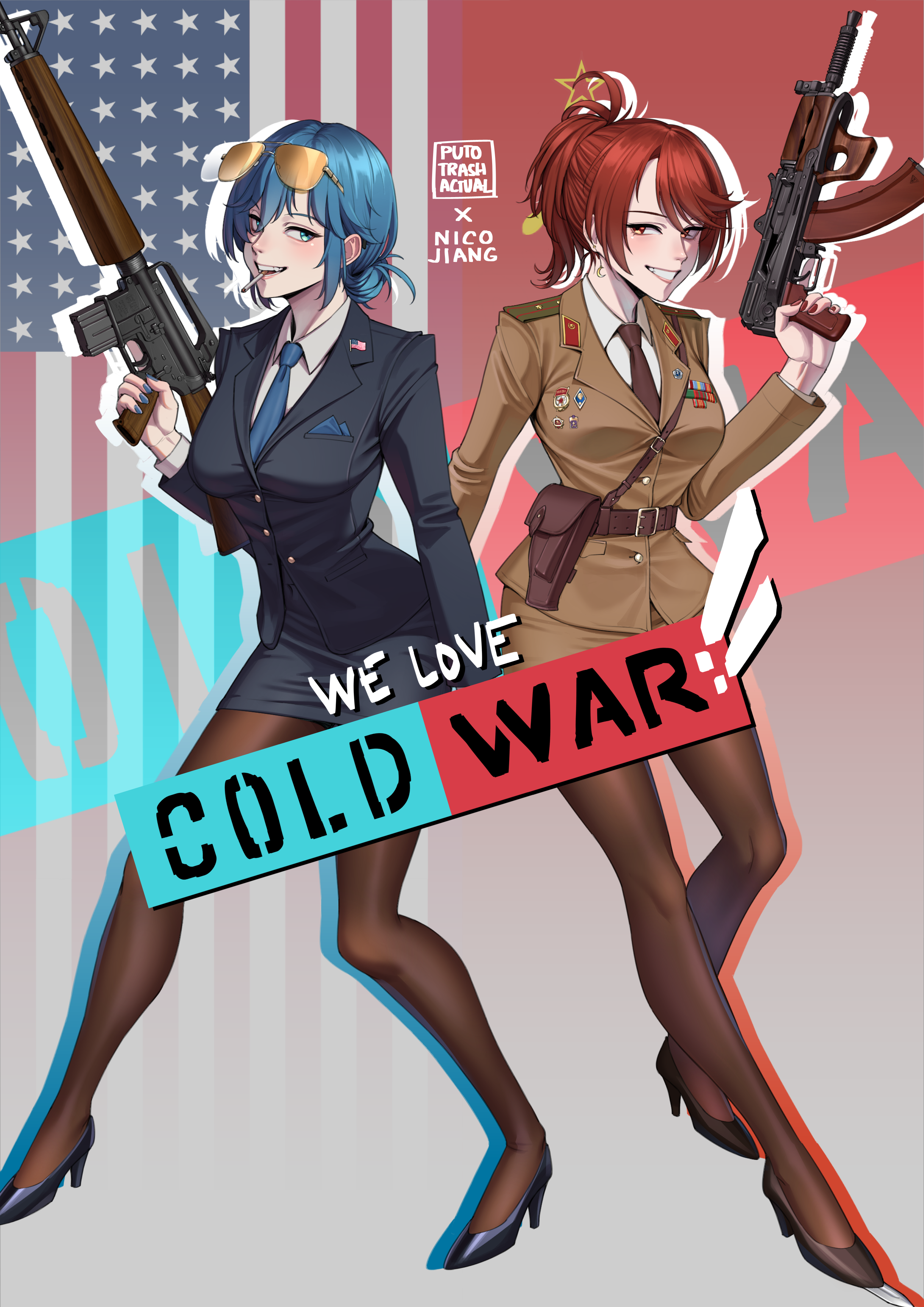 puto trash, we love cold war, absurdres, commentary, english commentary, highres, 2girls, akmsu, artist name, assault rifle, aviator sunglasses, blue eyes, blue hair, breasts, central intelligence agency, cigarette, cold war, gun, hair bun, high heels, kalashnikov rifle, kgb, large breasts, looking at viewer, m16, m16a1, military dress uniform, military uniform, multiple girls, naomi bluebird, pantyhose, ponytail, red eyes, red hair, rifle, smile, smoking, soviet, soviet flag, sunglasses, united states, valerie konstanz, weapon