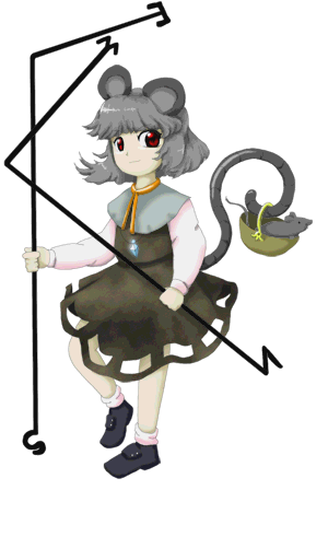 randou, zun (artist), nazrin, touhou, undefined fantastic object, official art, 1girl, animal ears, dress, female focus, full body, grey hair, jewelry, mouse (animal), necklace, red eyes, shoes, short hair, smile, socks, solo, tail, transparent background, weapon