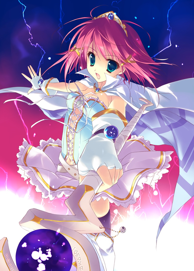 ryouka (suzuya), mitsurugi asuka, wizard girl ambitious, 10s, 1girl, blue eyes, boots, female focus, fingerless gloves, foreshortening, gloves, magical girl, red hair, solo, staff, thigh boots, thighhighs