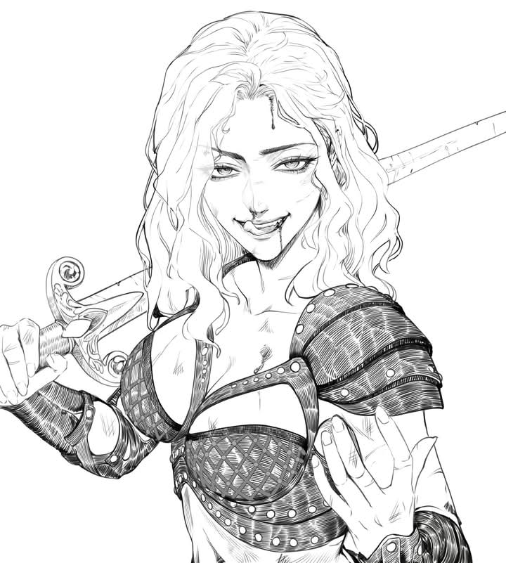 xena: warrior princess, character request, armor, bleeding, bleeding from mouth, blonde hair, blood, blood from forehead, bracer, breasts, callisto of cirra (xena: warrior princess), collarbone, holding, holding sword, holding weapon, injury, large breasts, leather armor, leather bra, lineart, long hair, looking at viewer, shoulder armor, sidelocks, simple background, sword, weapon, white background