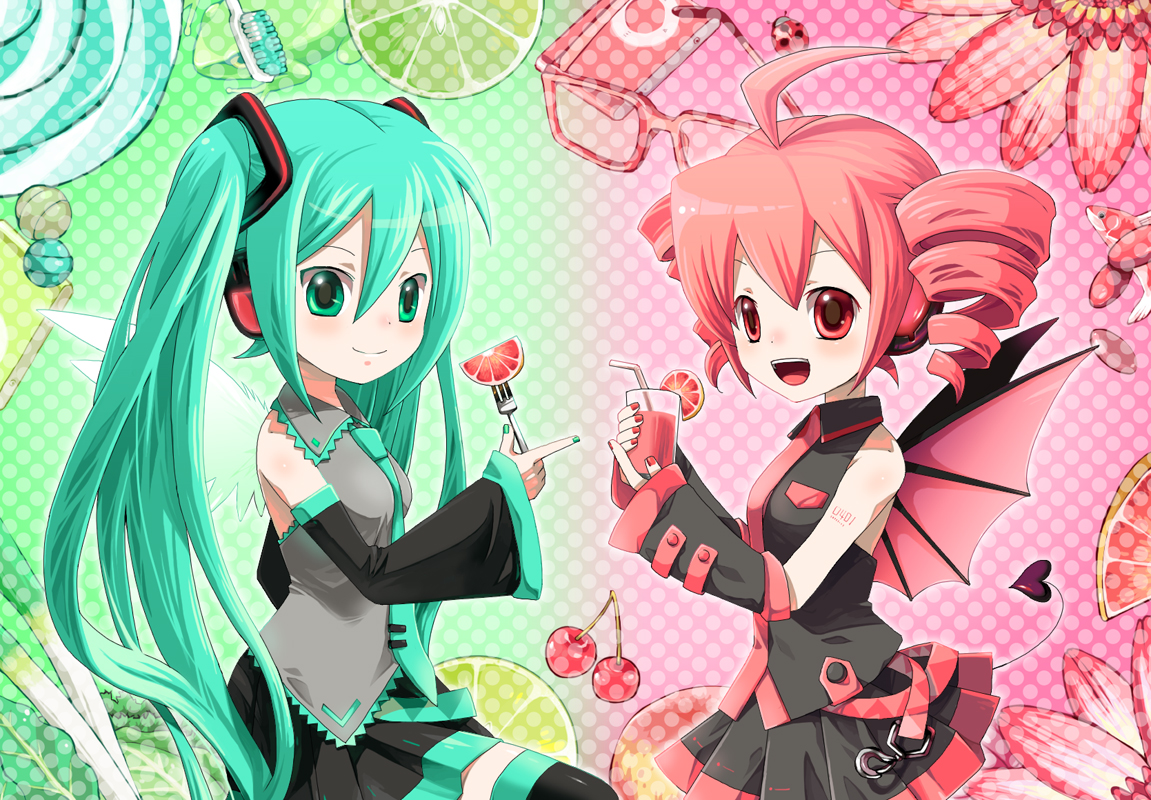 gimei (ebisawa), hasiru, hatsune miku, kasane teto, kasane teto (utau), utau, vocaloid, 2girls, ahoge, aqua eyes, aqua hair, bat wings, candy, cherry, crossover, demon girl, detached sleeves, drill hair, fish, flower, food, fork, fruit, glasses, headphones, holding, holding fork, long hair, multiple girls, red eyes, red hair, skirt, smile, spring onion, tail, thighhighs, twin drills, twintails, wings