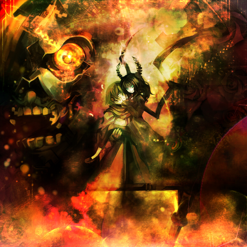 tsurikawa, dead master, kaito (vocaloid), black rock shooter, vocaloid, bad id, bad pixiv id, 10s, black dress, black hair, blue eyes, blue hair, crossover, demon wings, dress, green eyes, headphones, holding, horns, long hair, scarf, short hair, skull, smile, wings