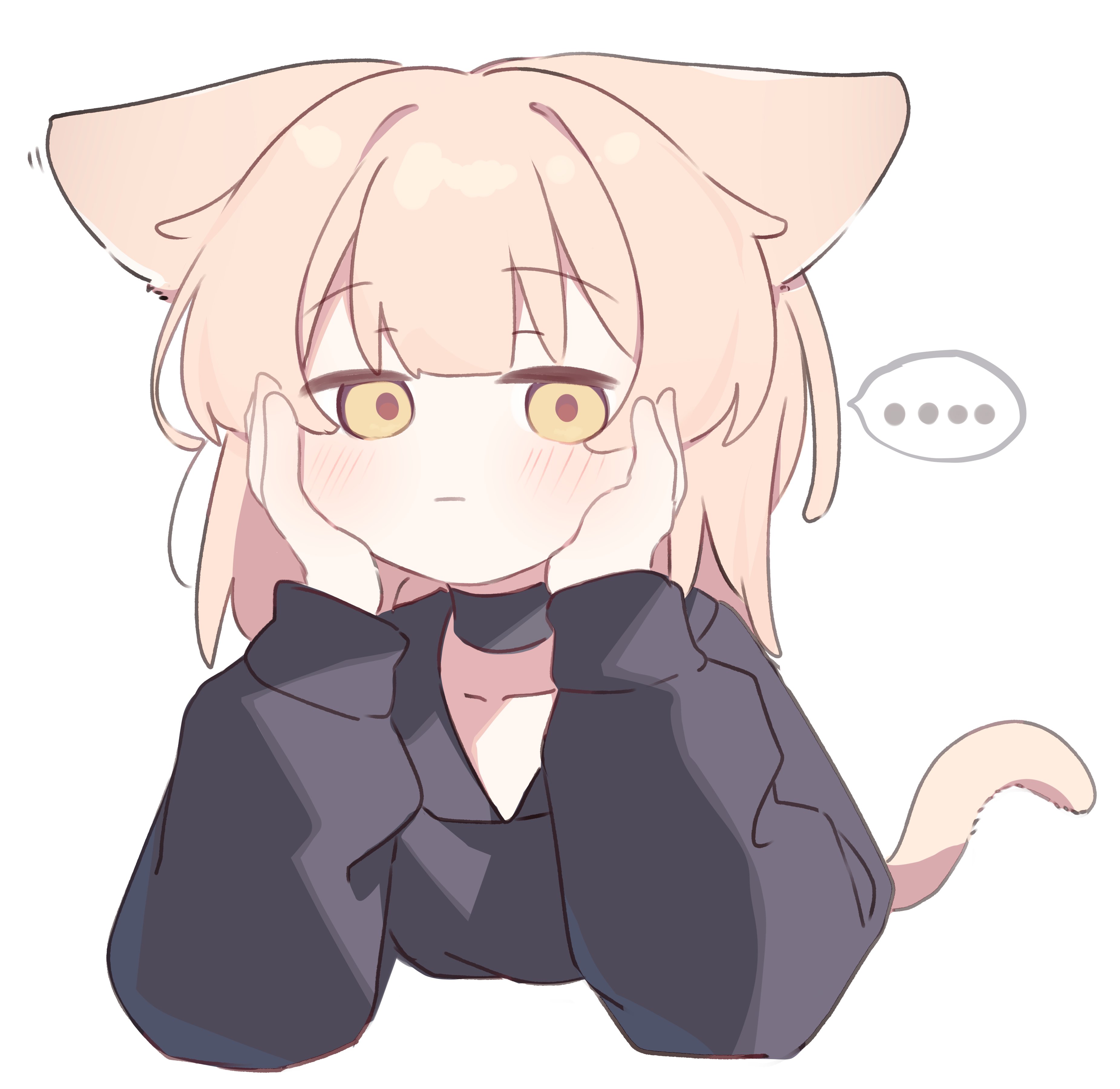 riya (01214), original, absurdres, commentary request, highres, …, 1girl, animal ears, black choker, black hoodie, blush, brown eyes, brown hair, choker, closed mouth, collarbone, cropped torso, hands on own face, hands up, hood, hood down, hoodie, long sleeves, looking at viewer, motion lines, puffy long sleeves, puffy sleeves, simple background, solo, spoken ellipsis, tail, upper body, white background