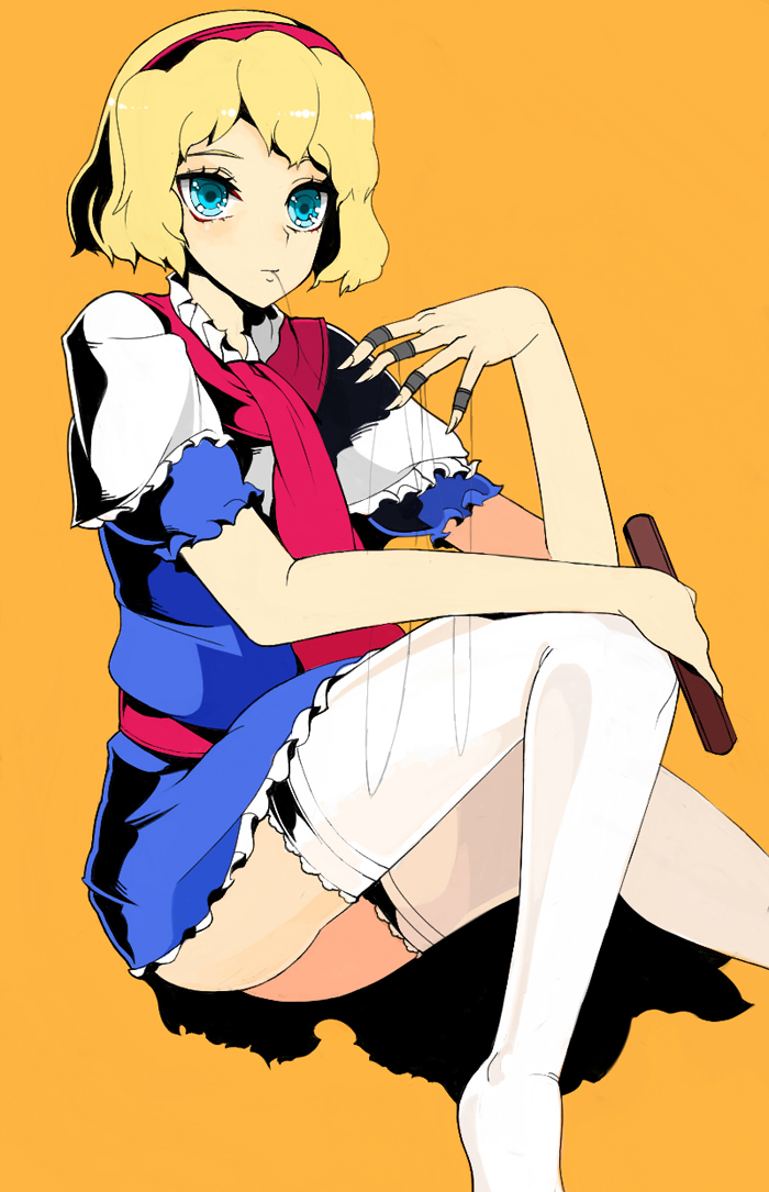 kakaaru, alice margatroid, touhou, bad id, bad pixiv id, 1girl, ass, blonde hair, blue eyes, female focus, hairband, short hair, simple background, sitting, solo, string, thighhighs