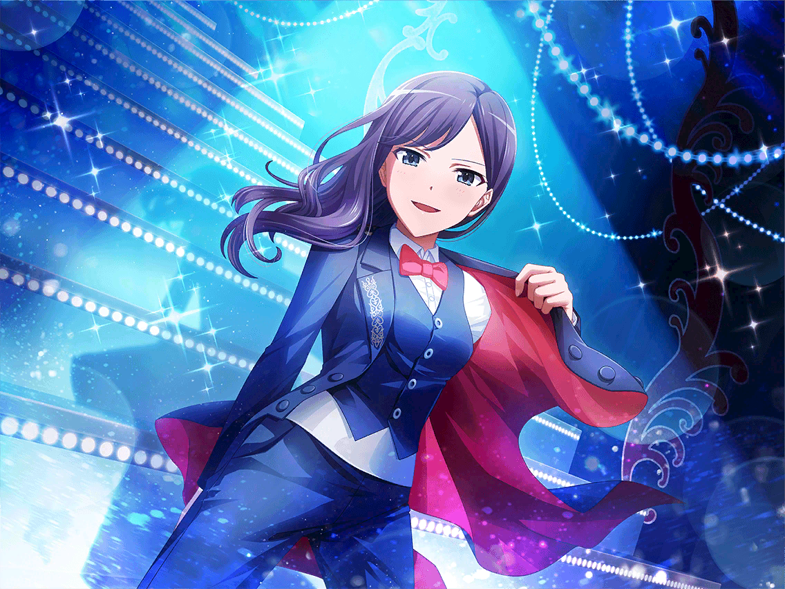 yanagi koharu, shoujo kageki revue starlight, shoujo kageki revue starlight -re live-, game cg, official art, 1girl, black hair, black jacket, black pants, black suit, black vest, blue eyes, bow, bowtie, collared shirt, formal clothes, jacket, long hair, long sleeves, looking at viewer, open clothes, open jacket, pants, parted lips, pink bow, pink bowtie, shirt, solo, spotlight, standing, suit, swept bangs, upper body, vest, waistcoat, white shirt