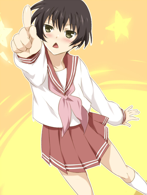 maruki (punchiki), japan (hetalia), axis powers hetalia, lucky star, bad id, bad pixiv id, 1boy, :<, blush, brown eyes, brown hair, cosplay, crossdressing, crossdressing (mtf), kneehighs, male focus, open mouth, pointing, school uniform, serafuku, socks, solo, trap
