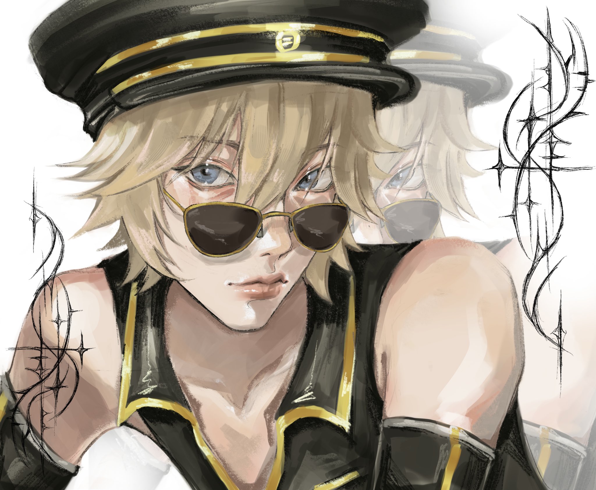 v3raxyy, kagamine len, kagamine len (punkish), vocaloid, commentary, english commentary, highres, 1boy, alternate costume, blonde hair, blue eyes, hat, lips, looking at viewer, male focus, nose, short hair, simple background, solo, sunglasses, white background, zoom layer