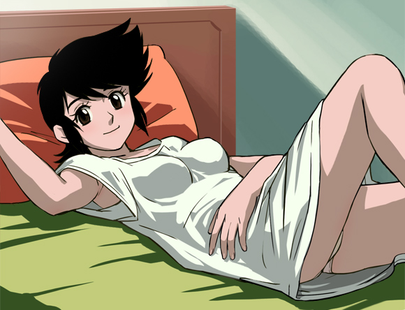 haruyama kazunori, utsuki saori, demon lord dante, 1girl, armpit peek, armpits, bed, bedroom, black hair, breasts, female focus, indoors, large breasts, looking at viewer, lying, nightshirt, no bra, no pants, panties, pompadour, short hair, smile, solo, spiked hair, underwear