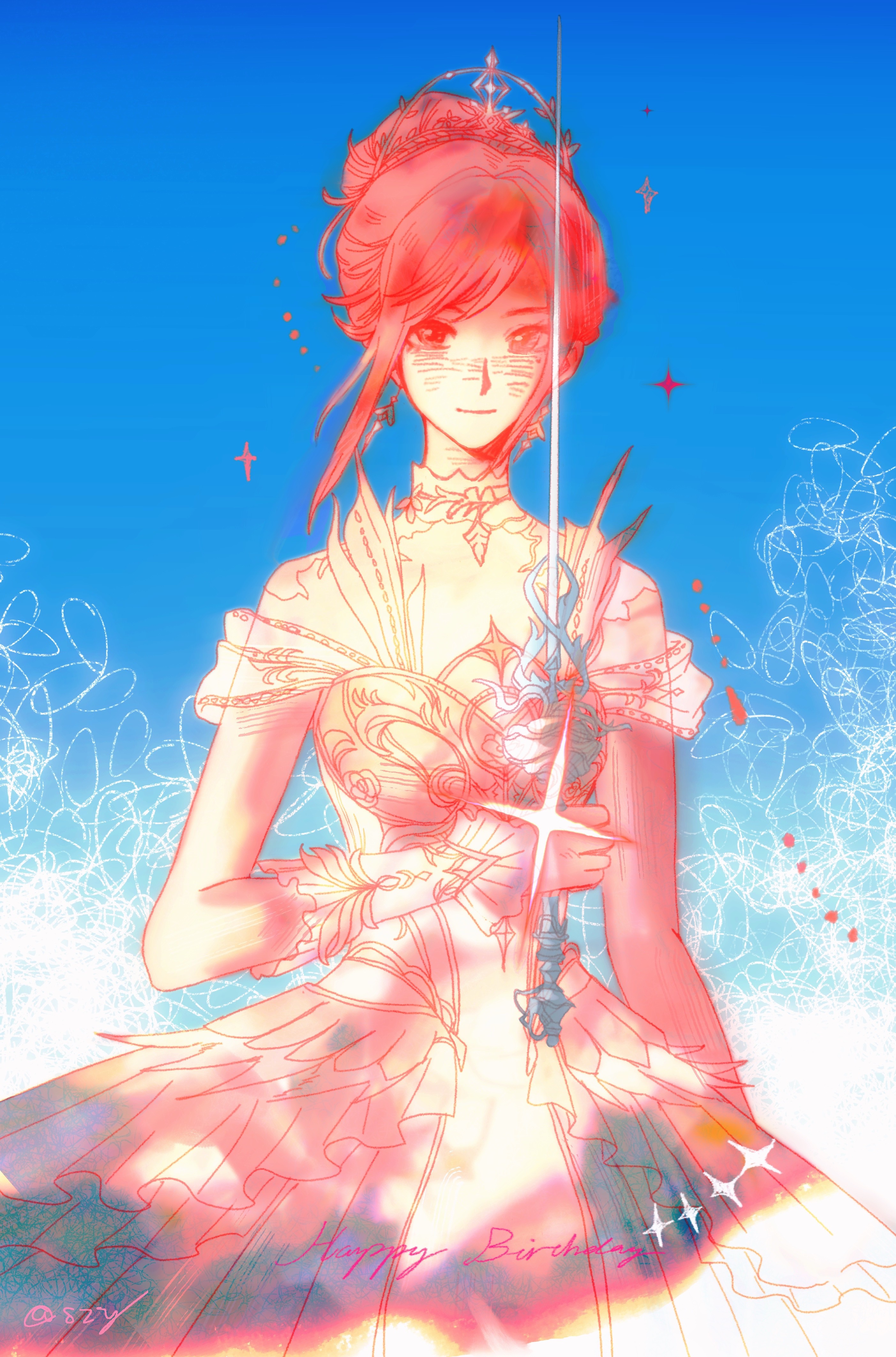 shao ziye, nikki (nikki), infinity nikki, nikki (series), absurdres, chinese commentary, commentary request, highres, 1girl, armor, bare shoulders, blue sky, blush, breastplate, brown eyes, closed mouth, clothing cutout, collar, cowboy shot, day, detached collar, dress, earrings, english text, eyelashes, feather earrings, feathers, frilled arm warmers, frilled dress, frills, hair bun, happy, happy birthday, holding, holding sword, holding weapon, jewelry, melody bloom (infinity nikki), outdoors, pink hair, pleated dress, rapier, shade, short hair with long locks, short sleeves, shoulder cutout, sidelocks, signature, single hair bun, sky, smile, solo, sparkle, standing, sword, tiara, updo, weapon, white arm warmers, white collar, white dress